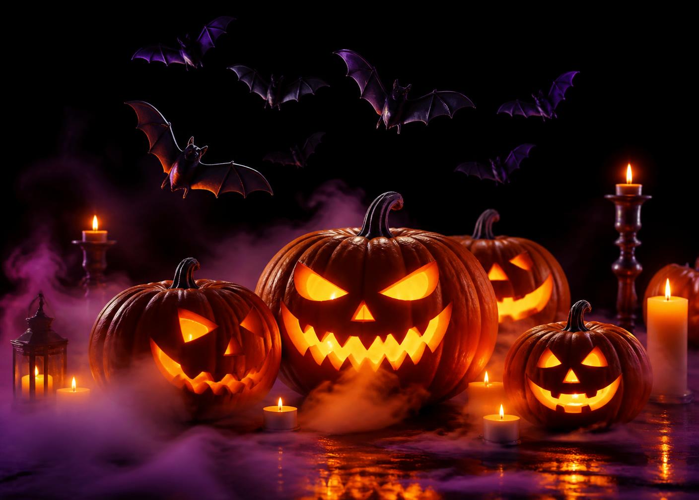Citrouilles d'Halloween illuminées avec chauves-souris et brume violette